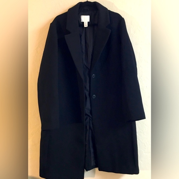 H&M Oversized Long PeaCoat XL Black 2 Button Closure Classic - Picture 1 of 12
